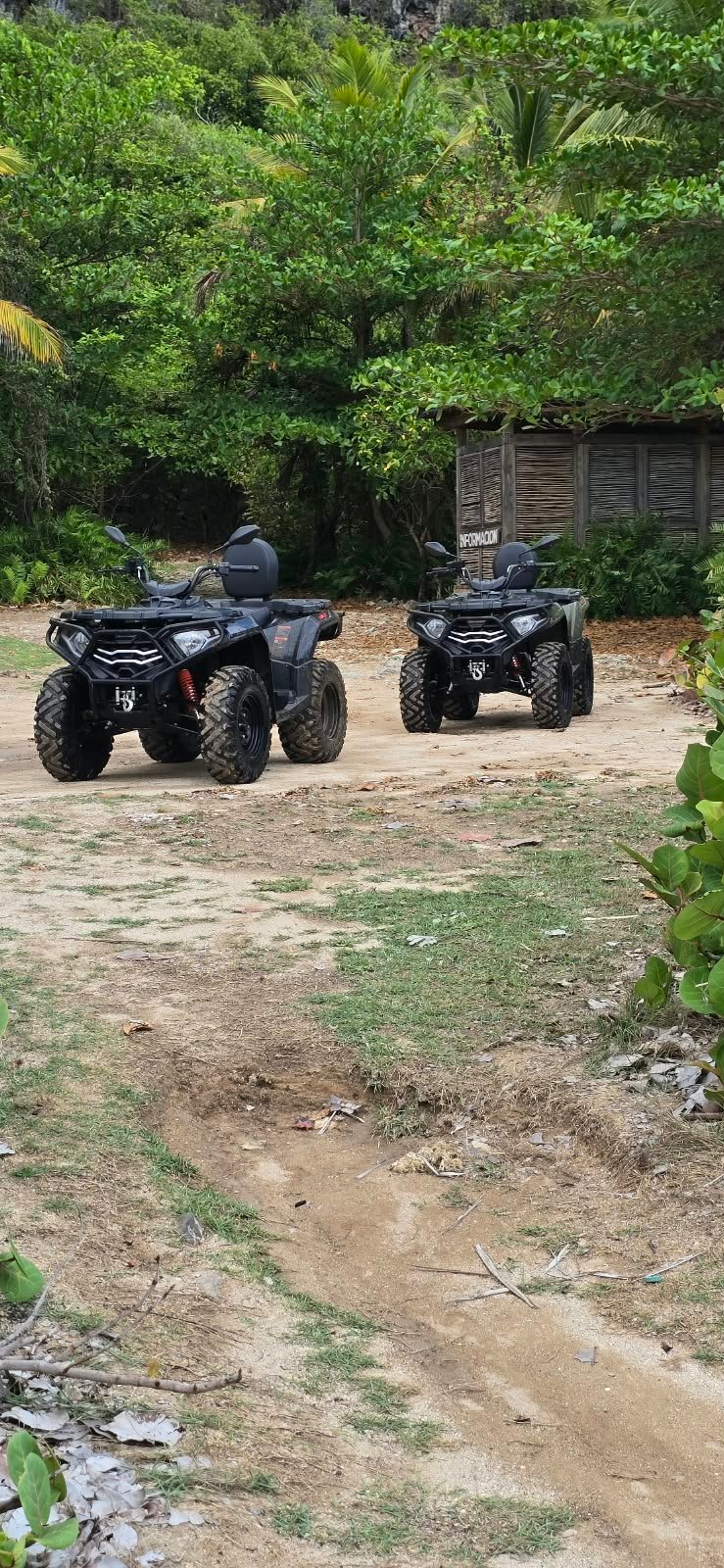 Two J&R ATVs parked beside tropical greenery