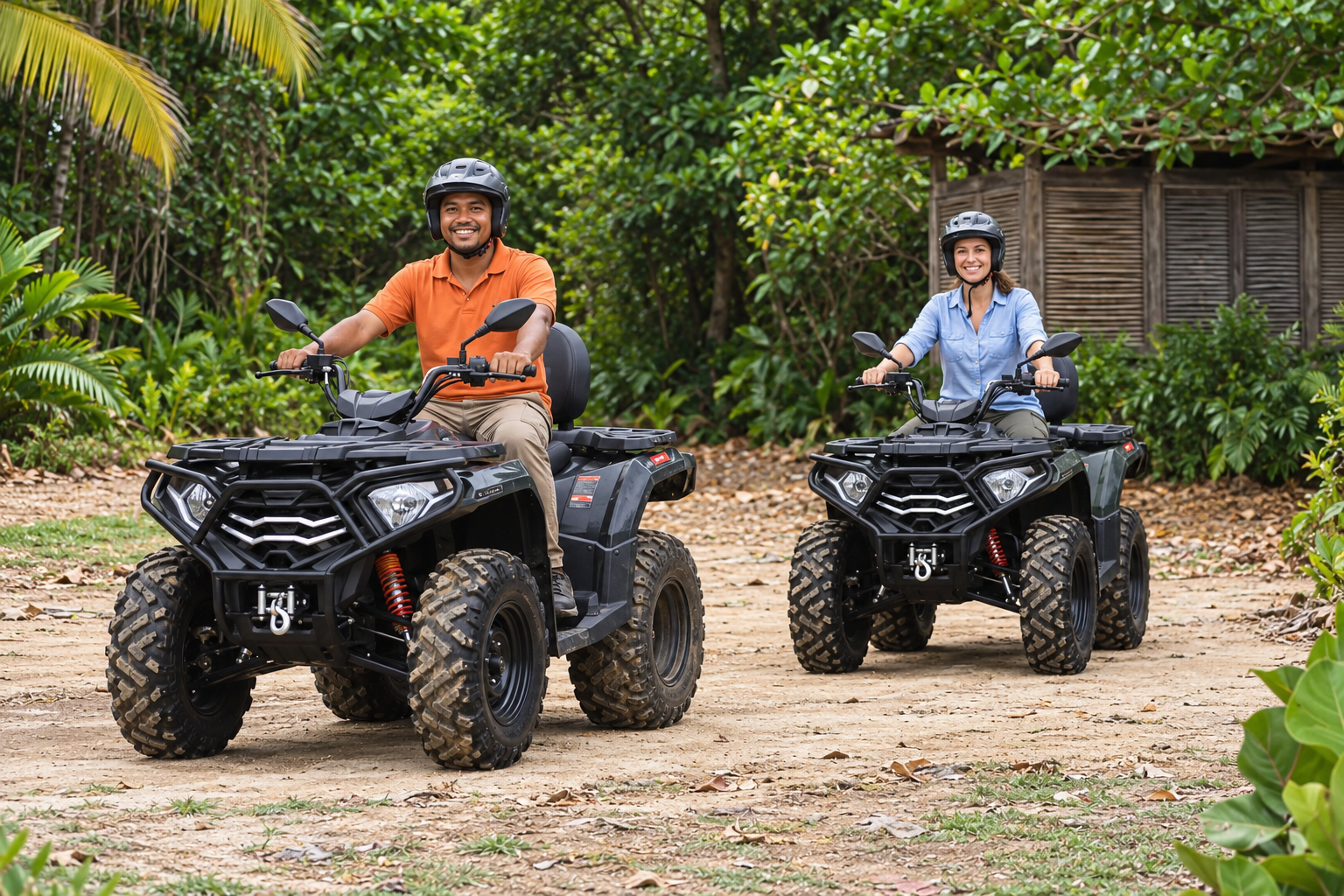 Illustrative edit: guide on the front ATV and customer on the rear ATV, both wearing helmets
