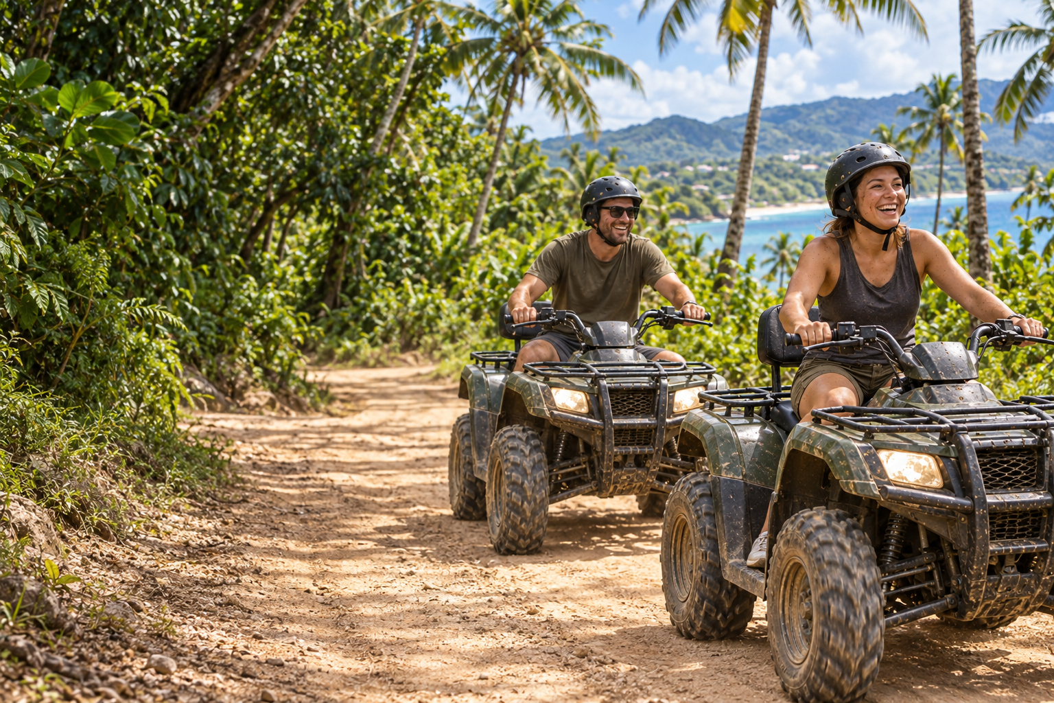AI-generated scene of two smiling friends exploring a sunny coastal trail on ATVs